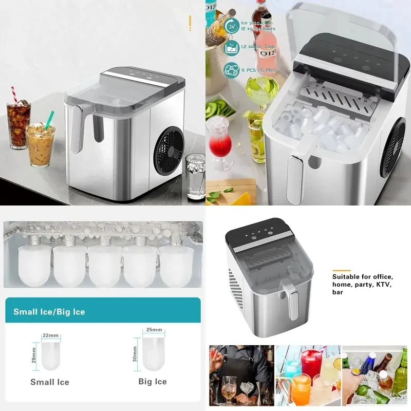 Efficient Mini Electric Ice Maker Stainless Steel Desktop Ice Machine for Home Kitchen Hotel 12kg 24 Hours