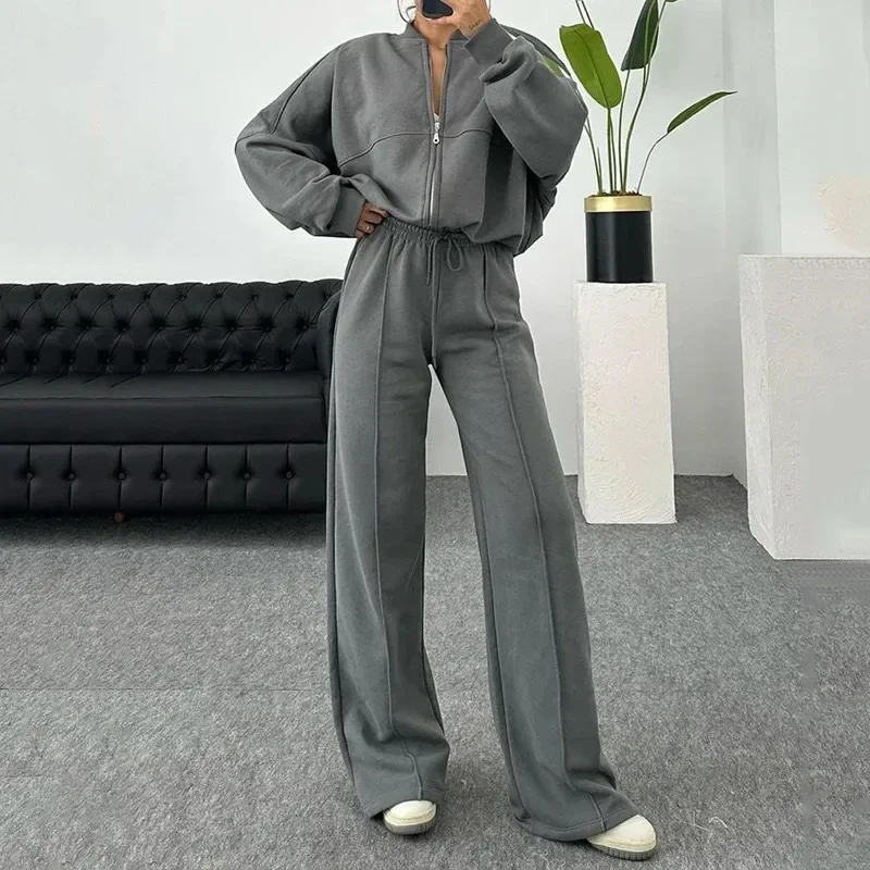 Vintage Womens Two Piece Sets Harajuku Hoodie Jacket and Casual Straight Leg Pants Sets Female Autumn Winter HighStreet Suit