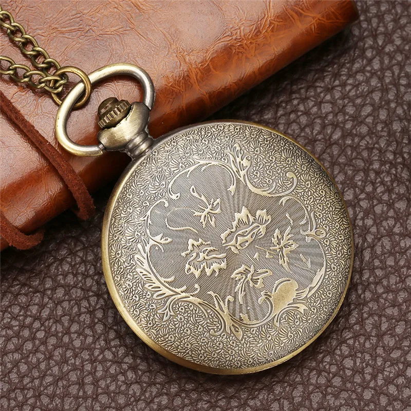 Vintage Style Carved Carriage Design Men Women Retro Analog Quartz Pocket Watch Necklace Chain Arabic Number Clock Gift