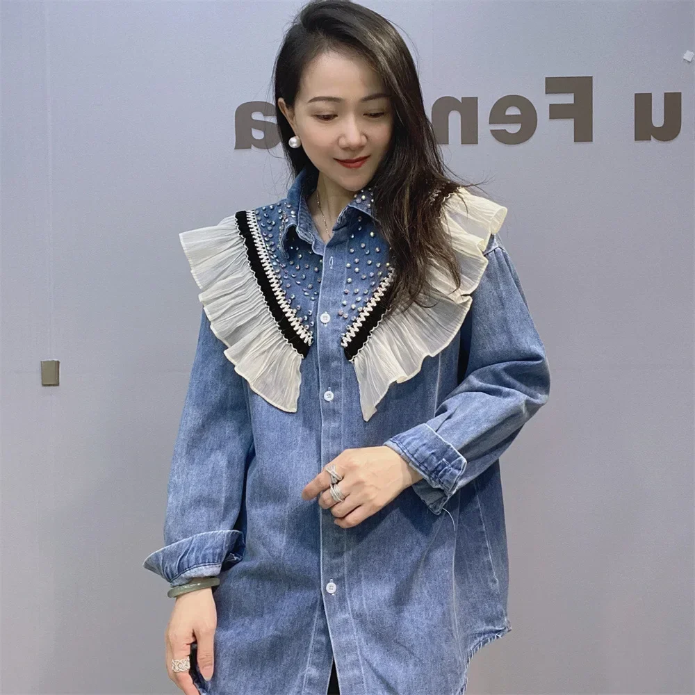 

2024 Long Sleeve Rivet Denim Shirts Women Clothing Loose Mid-Length Patchwork Lotus Leaf Jeans Coats Blusas Femininas Elegantes