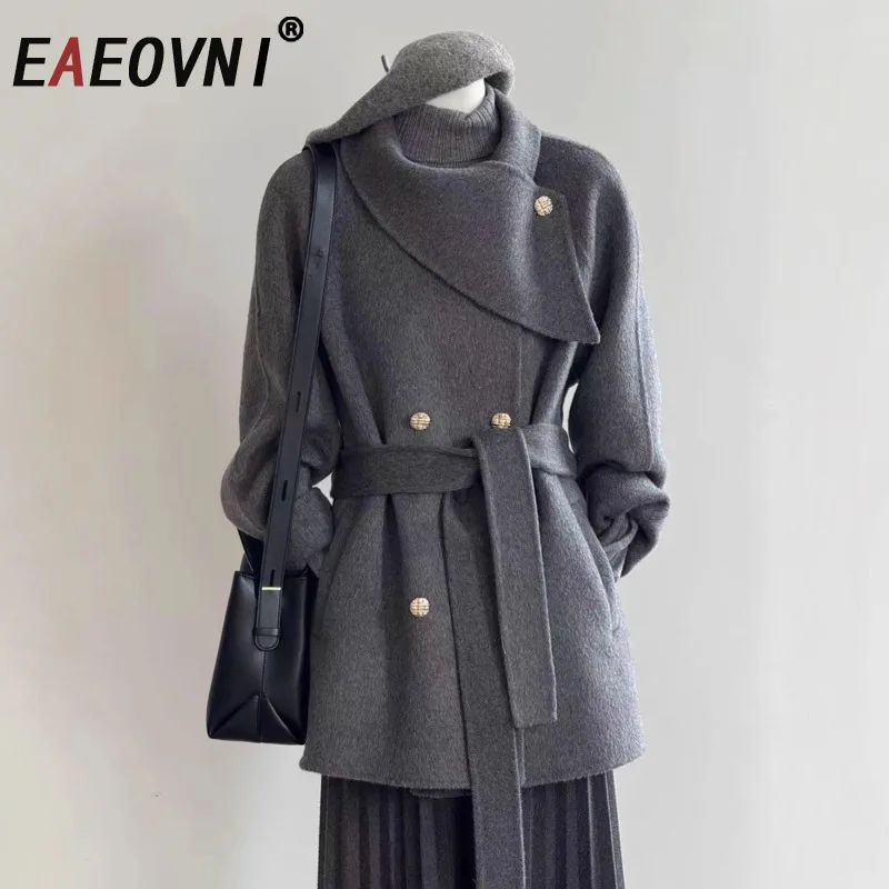

EAEOVNI Fashion Woolen Coat Women Solid Scarf Collar Patchwork Long Sleeve Double Button Jacket Office Lady Winter New Clothing