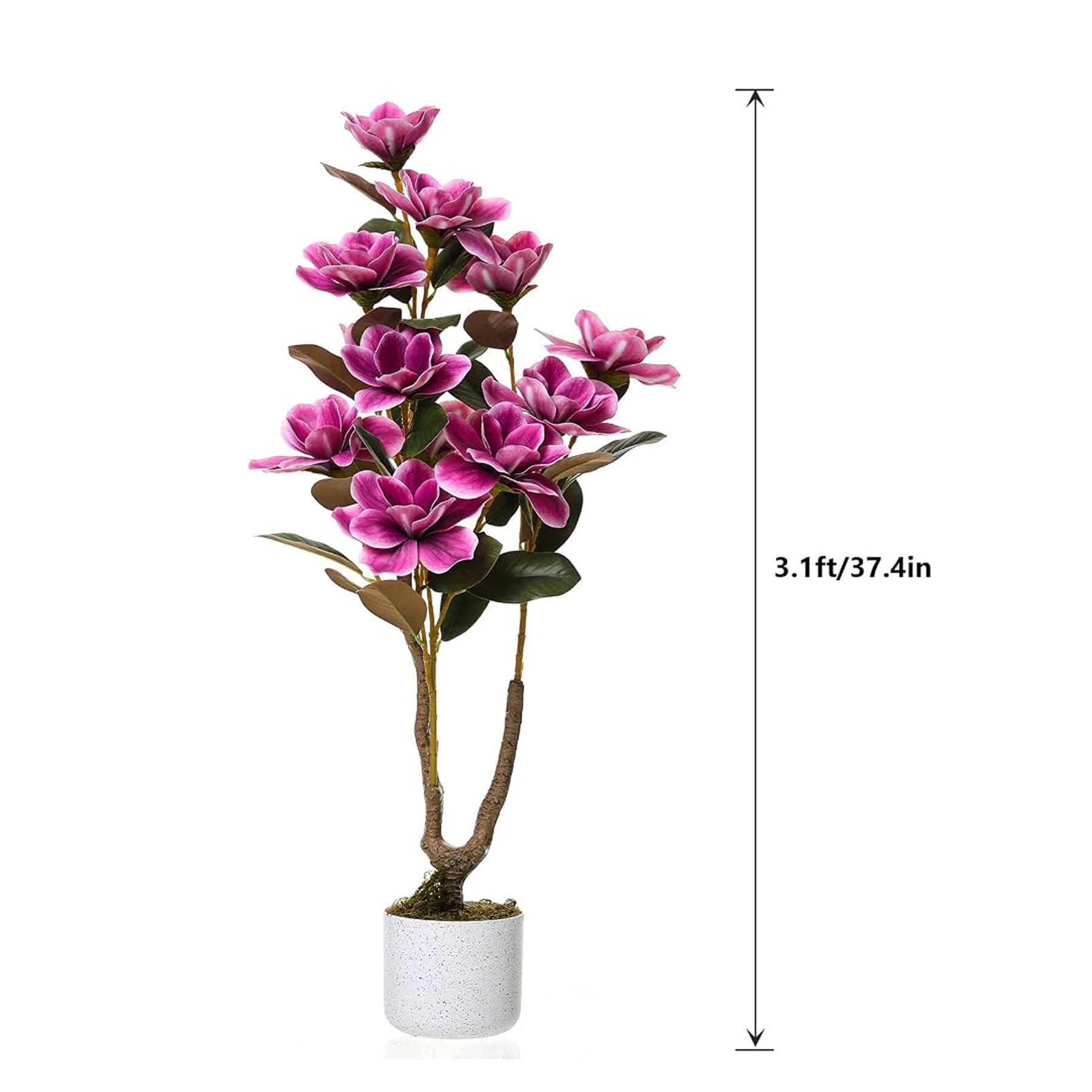 95 cm – sztuczne drzewo magnolii, realistyczna sztuczna magnolia grandiflora w białej doniczce, dekoracyjna sztuczna roślina kwitnąca w doniczce do domu i biura, różowa. — Zdjęcie 2 z 2