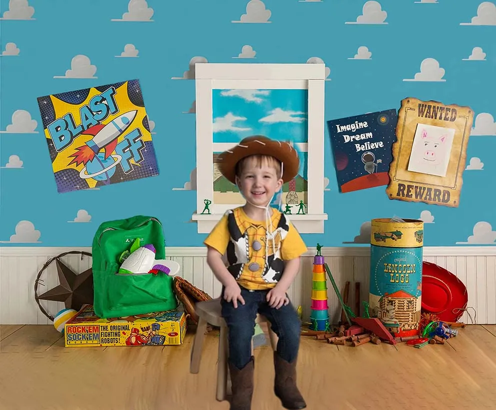 Glücklich Geburtstag Decor Spielzeug Foto Hintergrund Jungen Kinder Geburtstag Geschichte Party Kuchen Dessert Tisch Foto Studio Fotografie Hintergrund