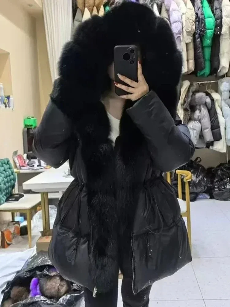 2025 nova jaqueta de inverno feminina grosso quente oversized 90% pato branco para baixo grande casaco de pele real natural pele com capuz puffer parka