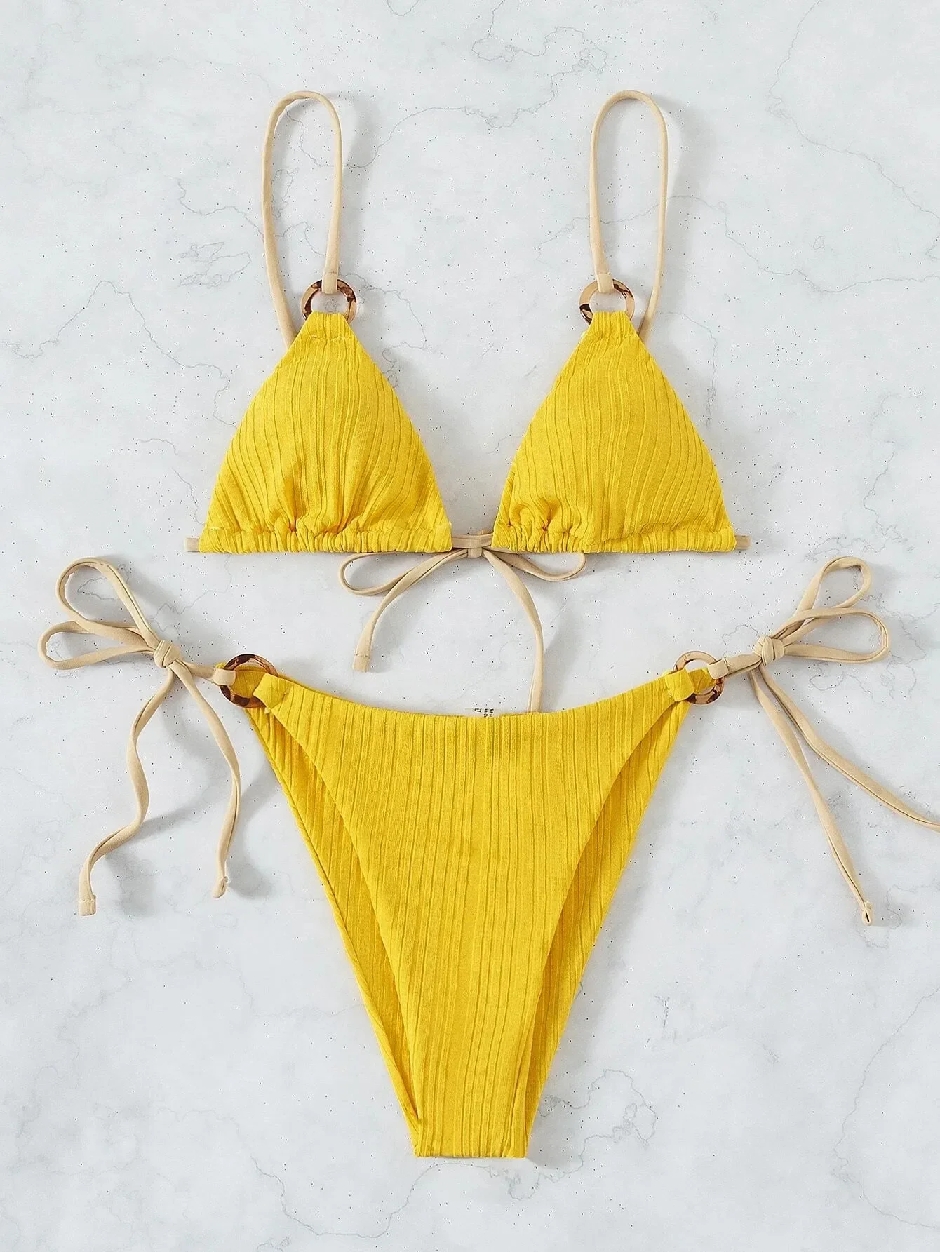 Sexy Rib Texture Triangle String Bikini Set Women Push Up Padded Thong Swimsuit Female Cut Out Bathing Suit Swimwear Biquini