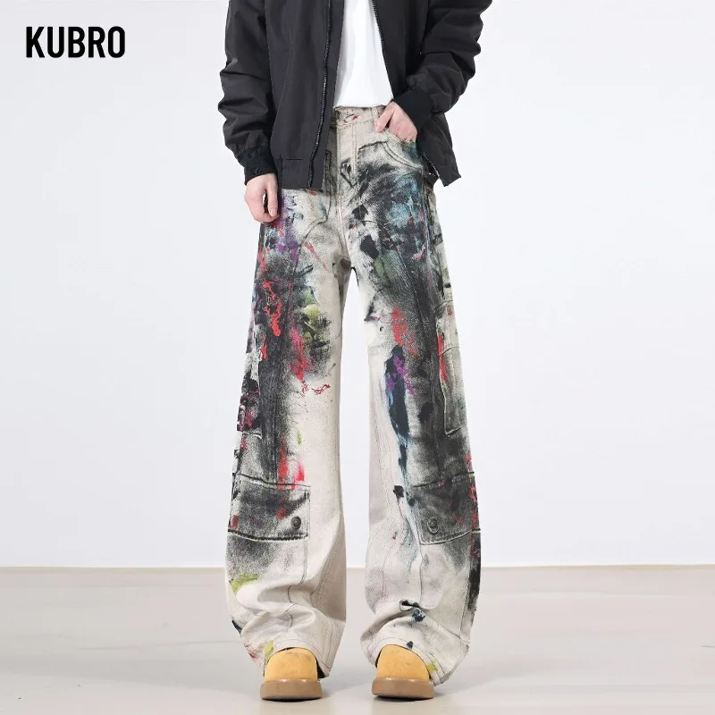 

Men Light Grey Y2k Baggy Graffiti Jeans Harajuku Vintage Autumn Winter Street Denim Trousers Japanese Style Hip Hop Cargo Jeans