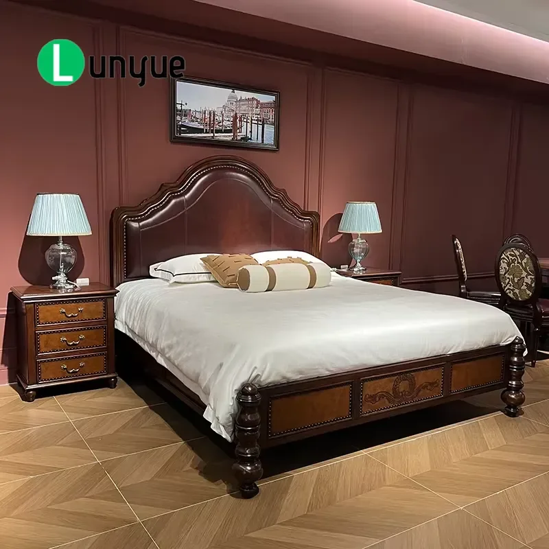 American Light Luxury Square Upholstered Solid Wood Bed Carved Leather Soft Comfortable Bedroom Furniture