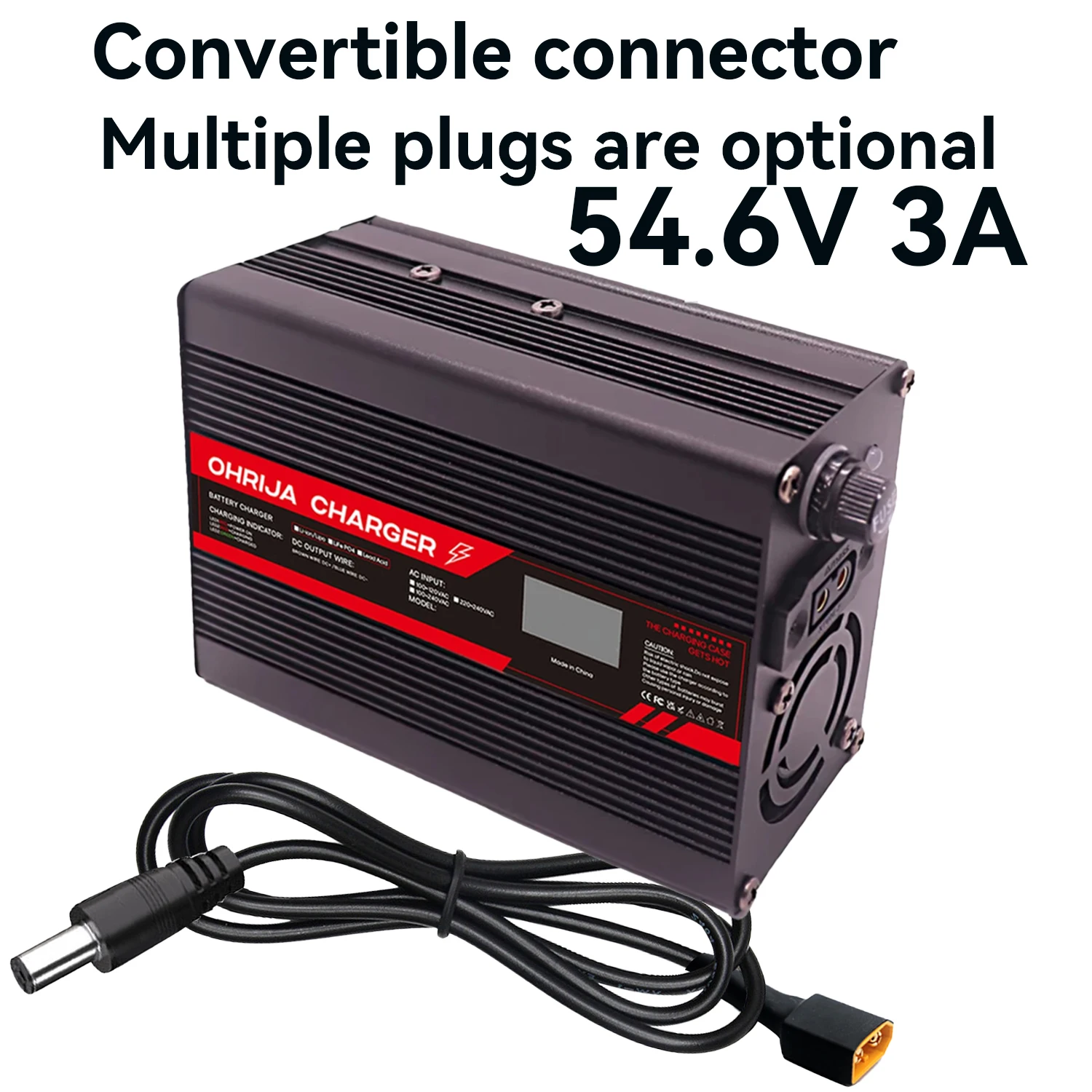 54.6V 3A Lithium Battery Fast Charger for 13S 48.1V OLED Display & Interchangeable Connector Fast stabilization with cooling fan