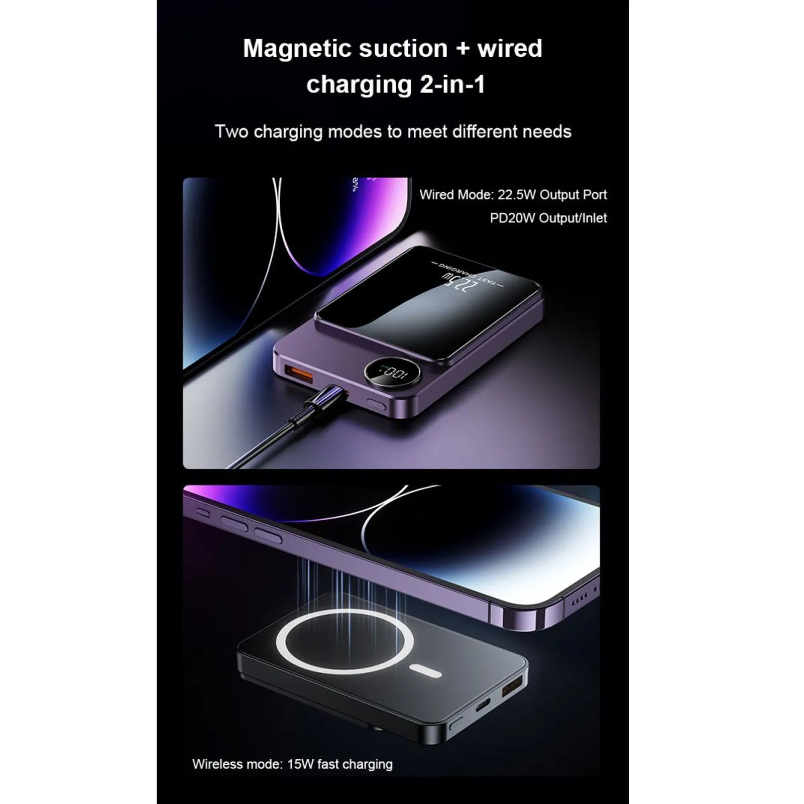 Display di alimentazione accurato portatile wireless Batteria incorporata da 5000 mAh Power Bank magnetico Power Bank wireless magnetico da 15 W