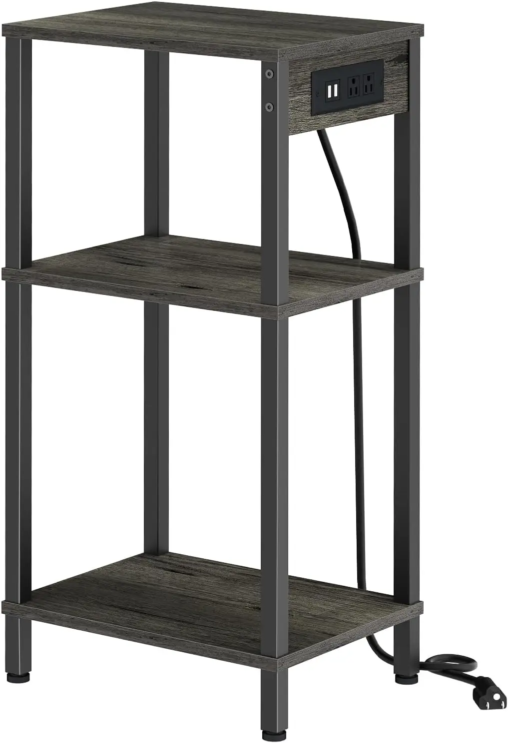 

Tall Nighstand with Charging Station, 3 Tier Small End Table with Storage, Skinny Side Table with USB Ports and Outlets for B