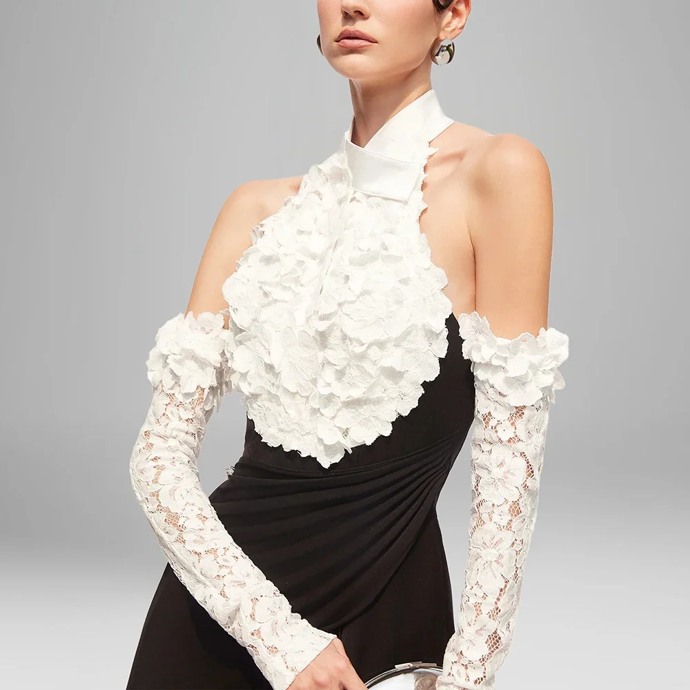 

Vintage Sleeveless Halter Gown with Detachable Lace Sleeves 3D Flower Evening Dress for Cocktail Prom Birthday Party Event