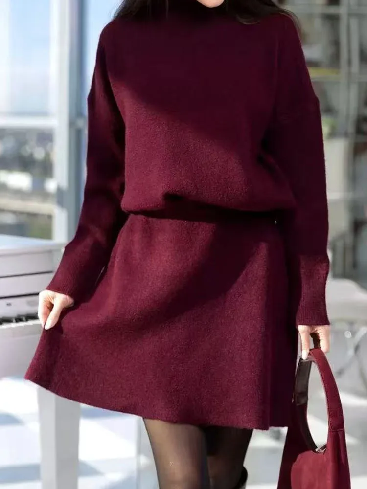 

Элегантный комплект с юбкой для вечеринки с полувысоким воротником, повседневный пуловер с длинными рукавами + мини-юбка, костюм, женский модный свитер, однотонный комплект из 2 предметов