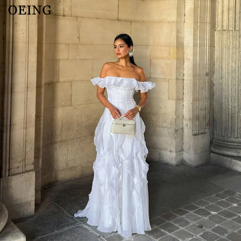 

OEING Elegant A-Line Prom Dresses Off Shoulder Ruched Ruffle Party Gowns Floor Length Evening Dresses 2025 Customized