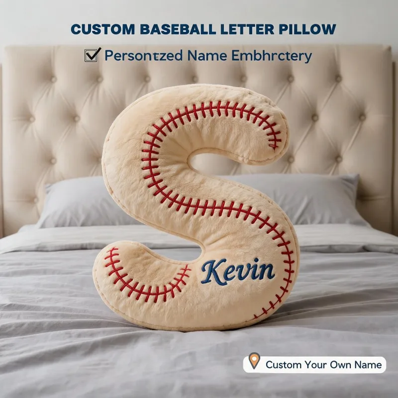 Custom Photo Letter S Baseball Pillow Personalized Name Cushion Unique Home Decor for Sofa Bedroom Gift for Him Boy Adult Friend