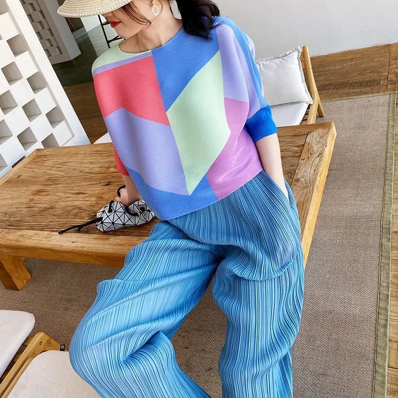 Fashion Contrast Color T-shirt Women's Pleated 2023 New Premium Summer  oversized t shirt  ropa mujer