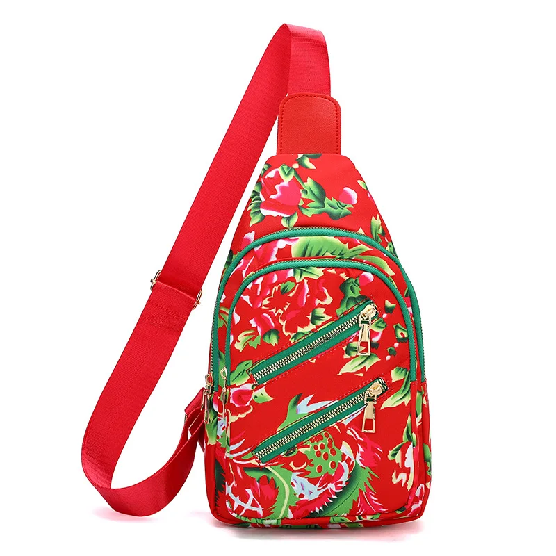 China-style Girls Women Chest Bags Fashion Flower Priting Messenger Bag Oxford Fabric Crossbody Bag Light Weight PVC Men Bags