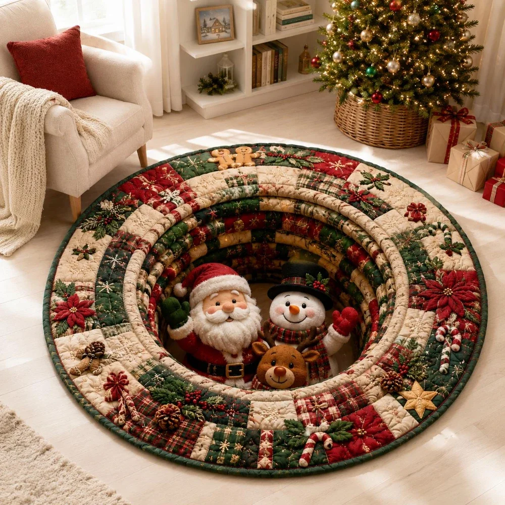 Christmas Snowman Area Rug Quilt Pattern Deep Well Floor Mat Festive Living Room Entryway Bedroom Beautiful Circle Rug Souvenir