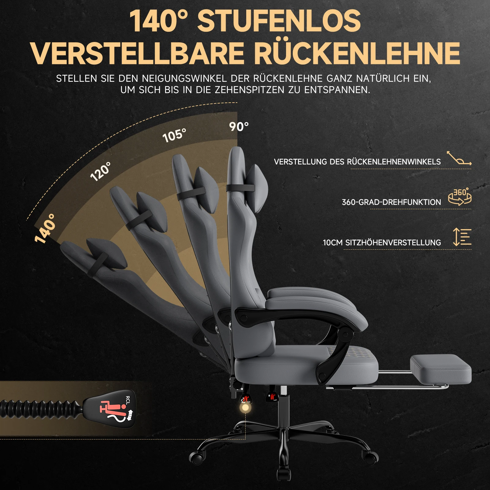 Silla de oficina para juegos con almohada lumbar de masaje, reposapiés retráctil, silla ergonómica de cuero PVC para computadora, fácil montaje, gris