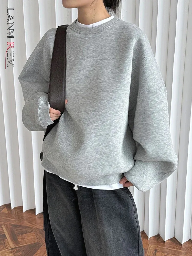 [LANMREM] Minimalism Pullover Sweatshirt For Women Round Neck Long Sleeve Casual Loose Tops Fashion 2024 Autumn New 26C631