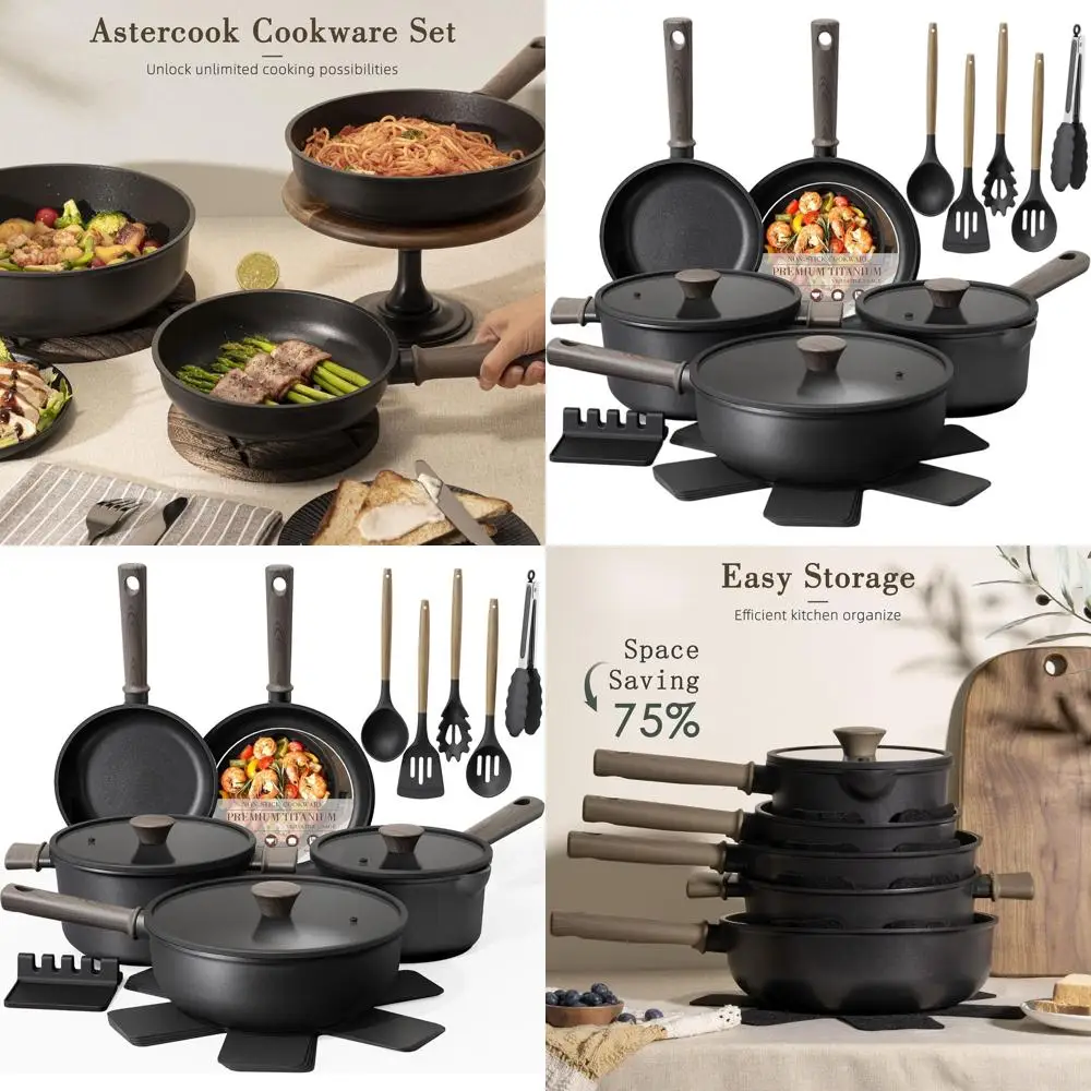 

19-предметный набор посуды из нетоксичного титана для индукционных плит с сковородами, черный
