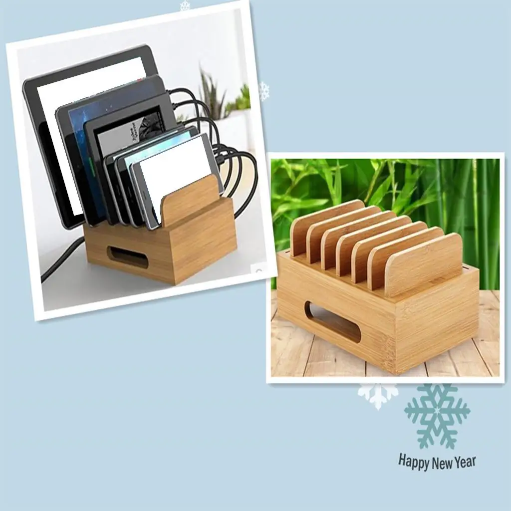 

Bamboo Desktop Stand Bracket Large Capacity Dock Station Organizer for Universal Tablet and Phone Storage