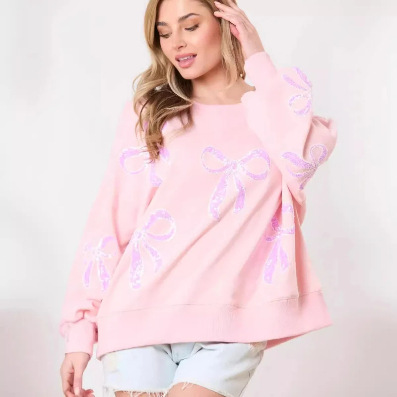 New Fresh Sweet Loose Fitting Pullover with Bow Ribbon Sequins Round Neck Sweatshirt for Women