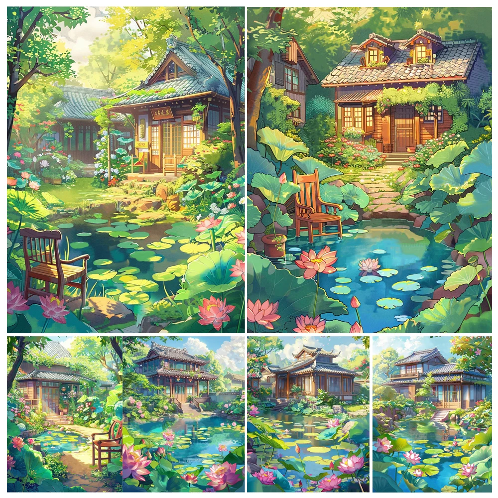 Hand Painting Building House By The Lotus Pond Landscape Painting By Numbers Kit DIY Artwork Canva Art Home Decoration Gift