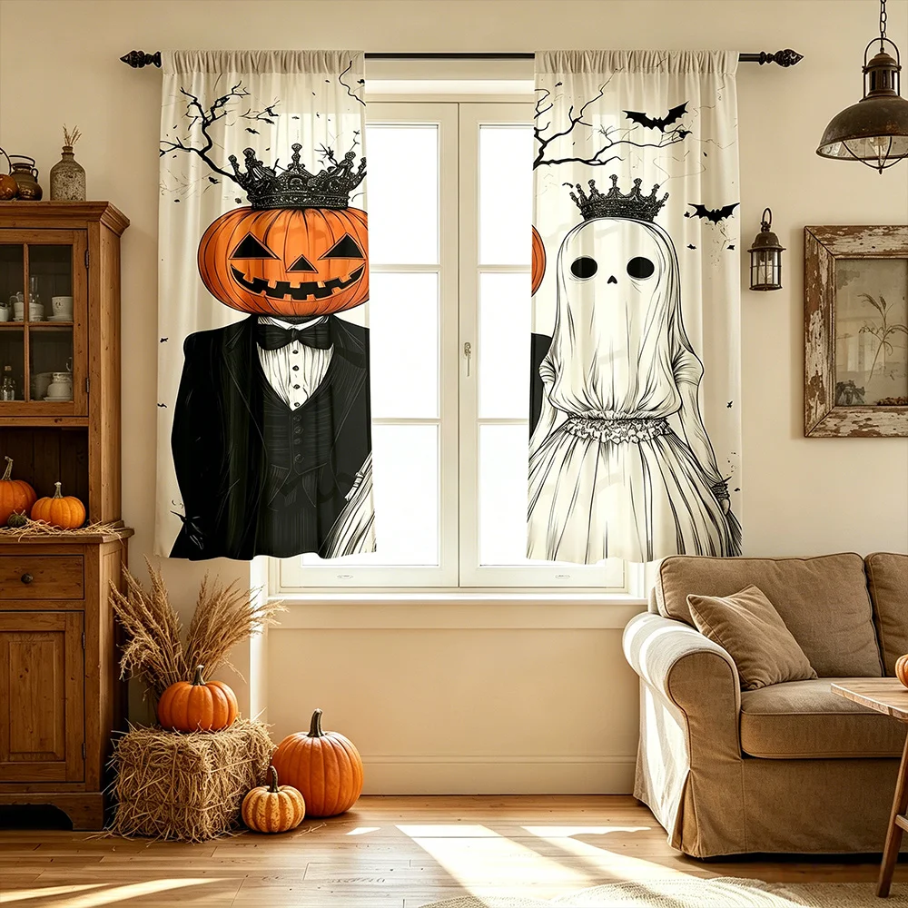 2PCS Digital Print Curtains Pumpkin Ghost Bride Groom Bat Crown Print Halloween Holiday Bedroom Window Drapes
