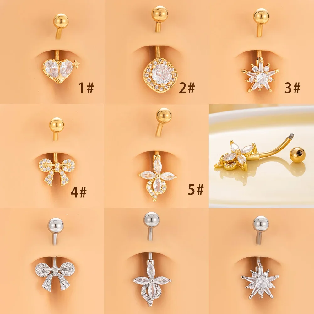 1PC 14G Superstar Externally Threaded Belly Button Ring Prong Setting Round Zircon Copper Pendant Navel Body Piercing Jewelry