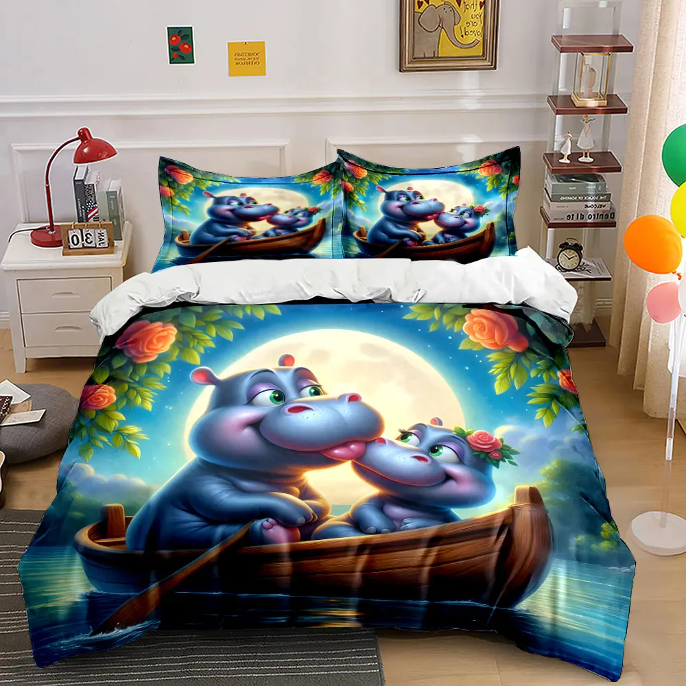 Romantic hippos in moonlit boat Print Bedding Set 1 Duvet Cover 2 Pillowcases for Adult and Children Luxury Gift Full Size