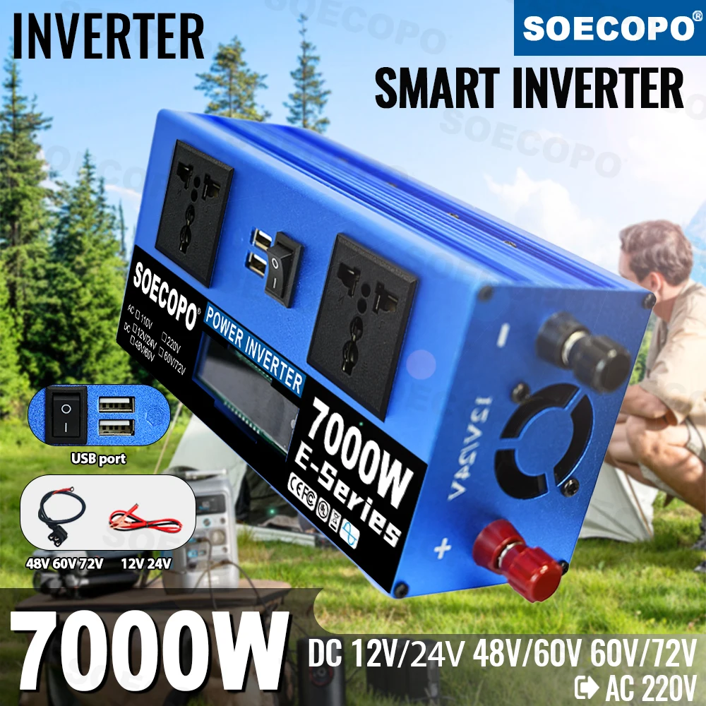 SOECOPO 7000W Car Inverter Dual Voltage Input DC 12V/24V 48V/60V 60V/72V To AC 220V 2 USB Ports 2 Sockets for Home Camping RV