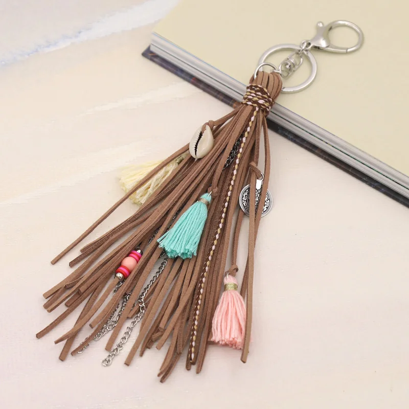 Boho Handgefertigter Schlüsselanhänger Taschenanhänger Damenschmuck Mehrschichtiger Samtband-Quasten-Muschel-Schlüsselanhänger Auto-Hängezubehör – Detail 2