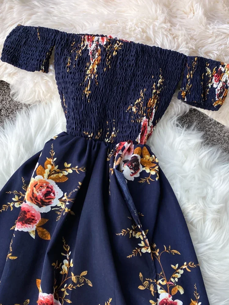 Summer Women\'s Irregular Slit Print Floral Long Dress One-way Neck Strapless Chest Wrap Short Sleeve Dresses LL006