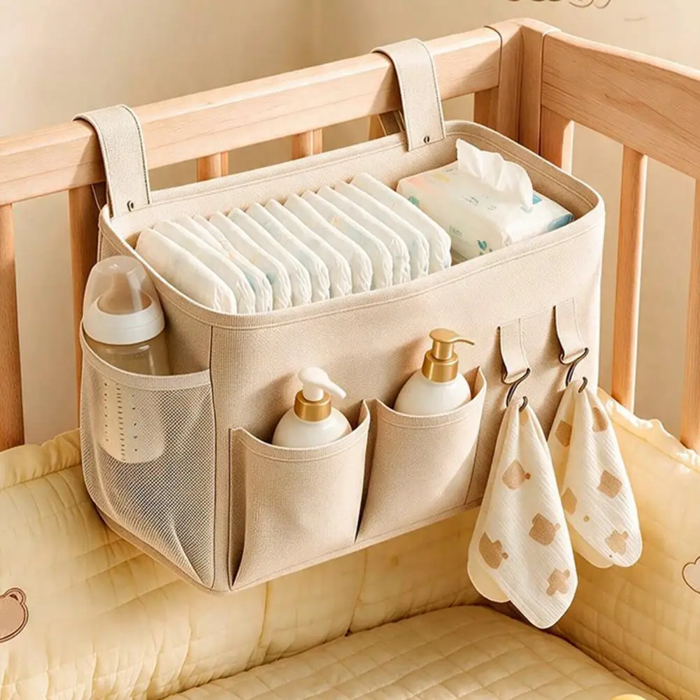 Bedside Diaper Holder Baby Crib Bedside Organizer with Multi-partition Pockets Durable Polyester Hanging Storage Bag for Diapers