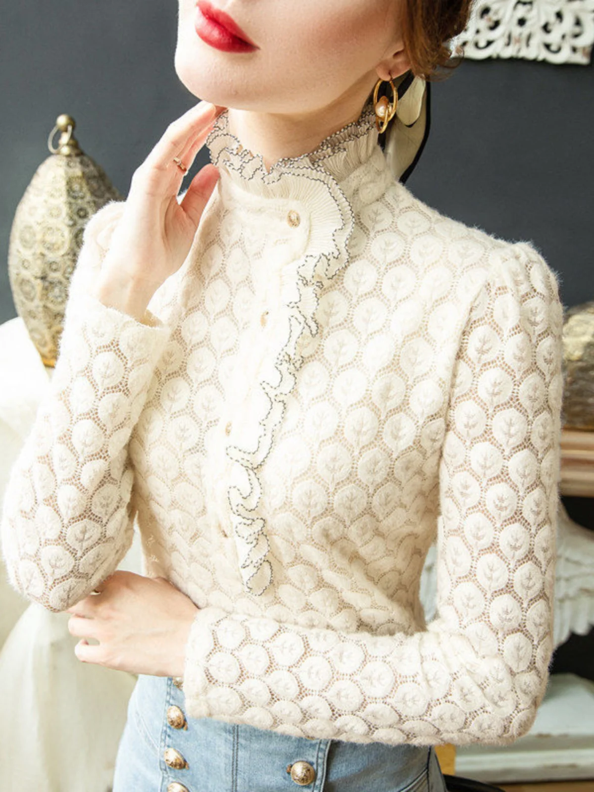 Camiseta de Manga Longa de Poliéster com Gola Alta e Forro de Renda Sexy para Mulheres, Confortável e Quente para o Outono e Inverno