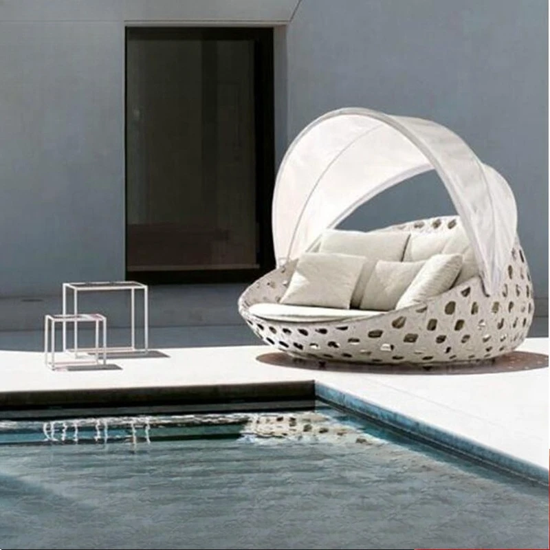 Outdoor sunbathing sofa bed rattan beach bed waterproof and sunscreen PE imitation rattan sofa leisure pool bed
