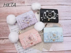 Japanese Handmade Wallet for Women Sweet Mine Bow Lace Edge Rhinestone Short Wallet Girls Small Bag