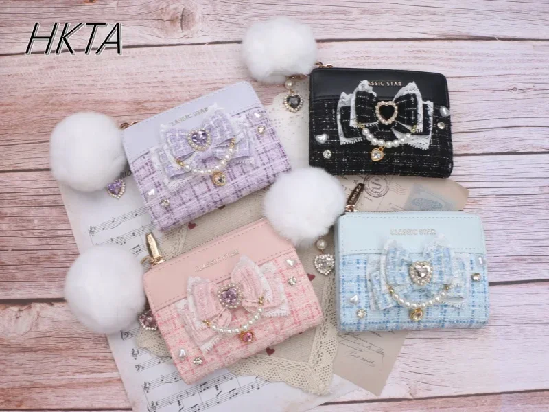 Japoński, ręcznie robiony portfel dla kobiet Sweet Mine Bow Lace Edge Rhinestone Short Wallet Girls Small Bag