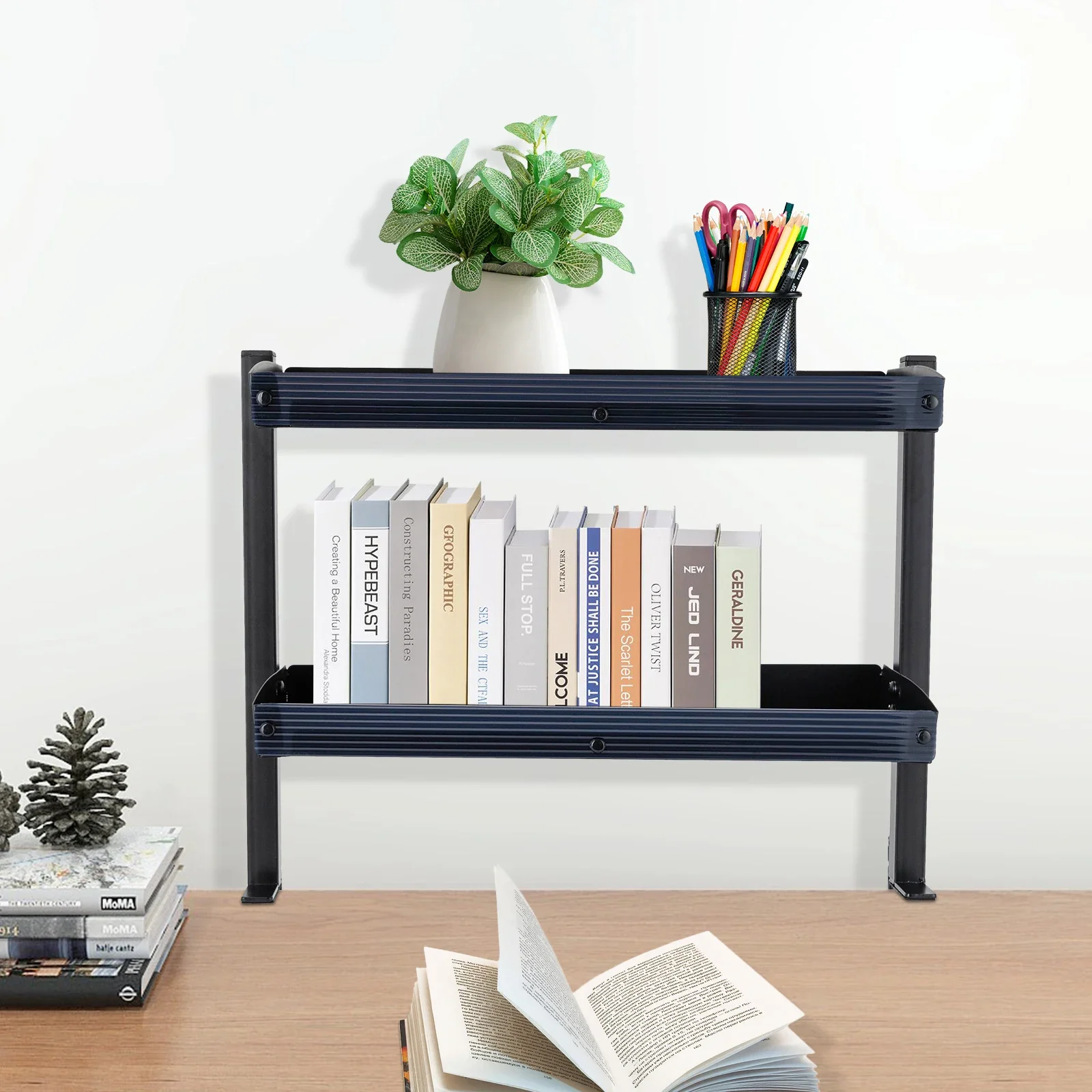 2-Tier Clamp-On Desk Shelf Organizer,Black Space-Saving Storage Rack w/Clamping Mechanism,Perfect for Standing Desk Installation