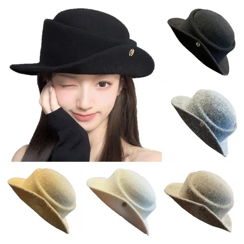 

Korean-Style Fashionable and Elegant Woolen Cloche Hat for Women Winter Vintage Hepburn Style Face-Slimming Rolled-Brimmed Hat