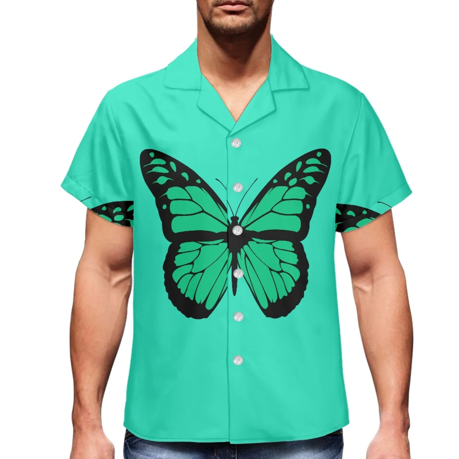 

Butterfly Solid Color Background Printed Luxury Beach Hawaiian Luxury Men's Summer V-Neck Short Sleeve Sport Travel Custom Shirt