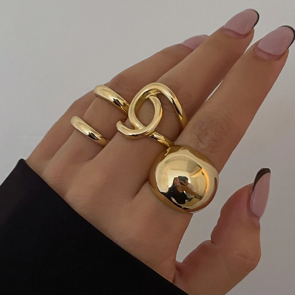 KunJoe 4 Pcs Hip Hop Geometric Hollow Out Line Open Ring Set for Women Punk Smooth Curved Gold Color Finger Ring Knuckle Jewelry