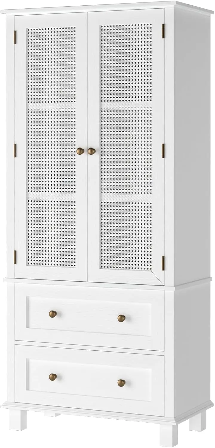 Kitchen Storage Cabinet, Tall Storage Cabinet with Rattan Doors and 2 Drawers with Adjustable Shelf, Utility Pantry for Kitchen