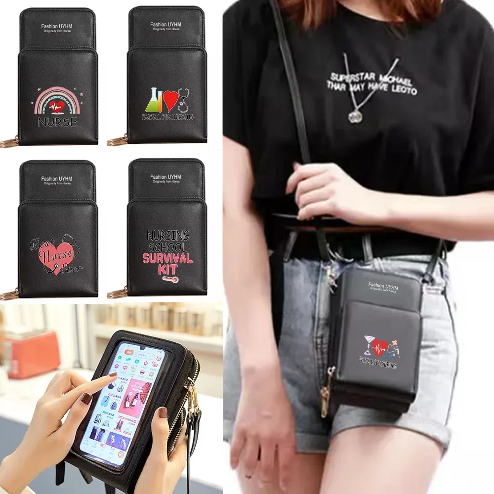 Touch Screen Universal For IPhone/Huawei/LG Mobile Phone Bag Women Crossbody Shoulder Bags PU Leather Purse Handbag Nurse Prints