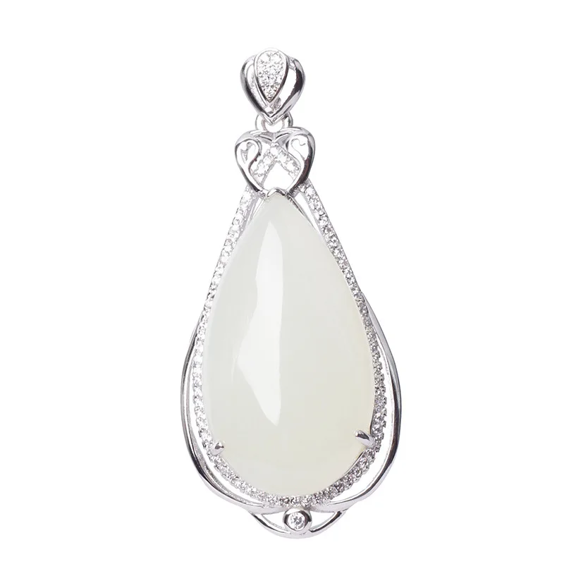 925 Sterling Silver Inlaid With Hetian Pendant Women, Elegant Drop White Jade Necklace