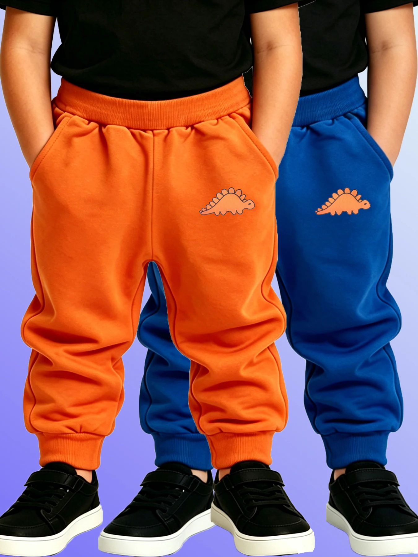 2PCS Orange & Blue Hot Sale Children' Pants Skin-Friendly Kids Dinosaur Print Sweatpants Elastic Waist Design Outerwear Trousers