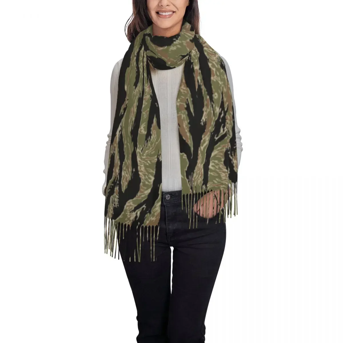 Female Large Tiger Stripe Camo Scarves Women Winter Soft Warm Tassel Shawl Wraps  Tactical Camouflage Scarf