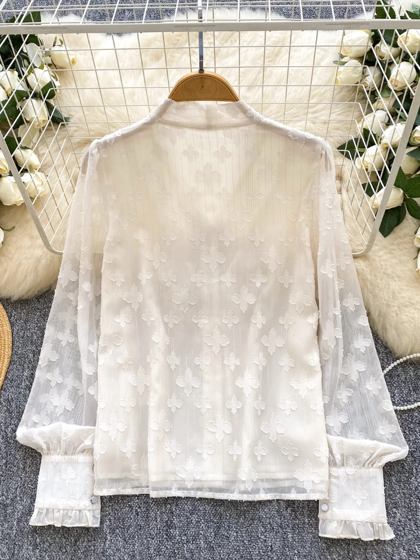 Foamlina French Romantic Chiffon Shirt for Women Elegant Bow-tied V Neck Long Sleeve Beading Buttons Ruffles Loose Blouse Tops