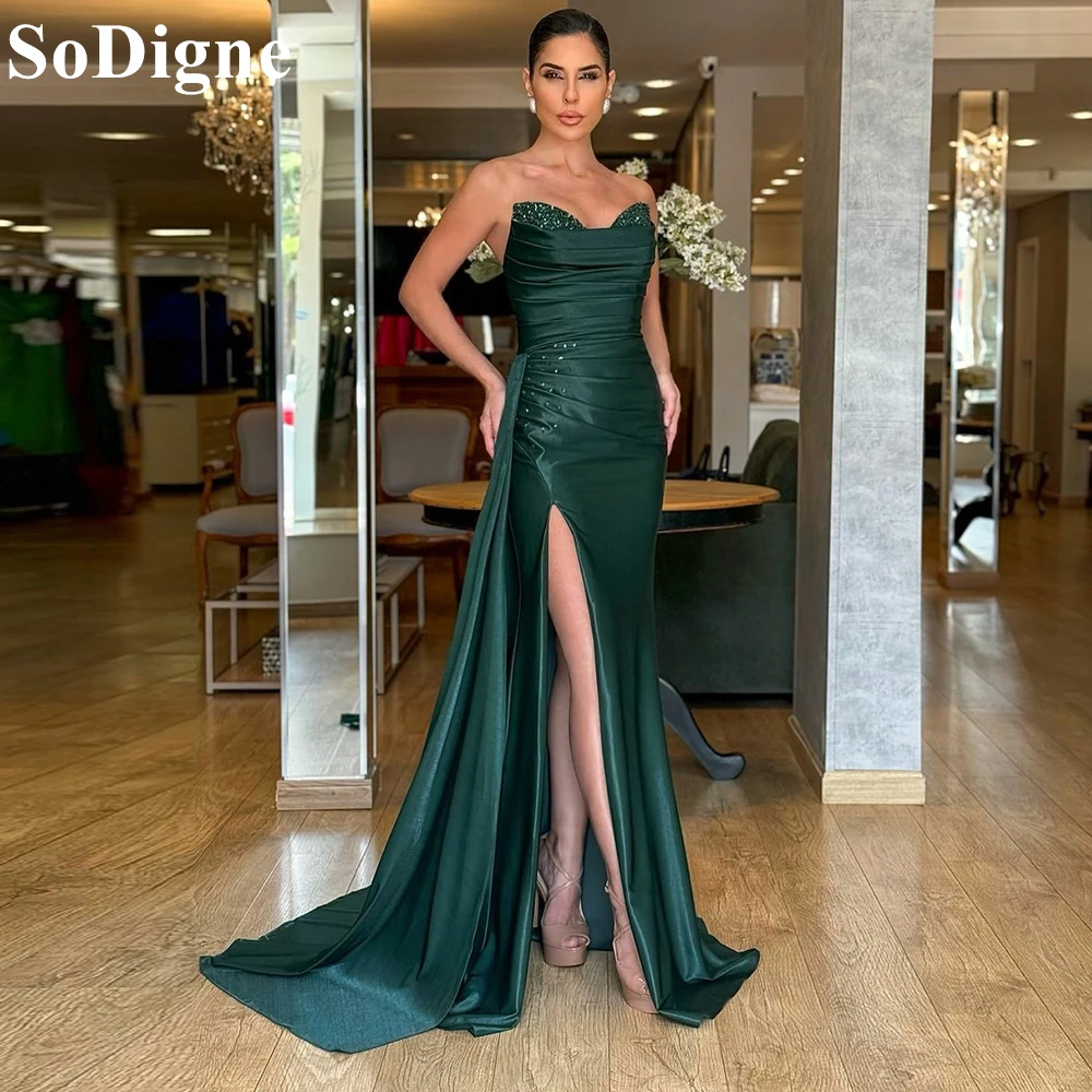 

SoDigne Elegant Dark Green Evening Dresses Strapless Beading Mermaid High Split Sweep Train Party Dress 2024 Prom Gown for Women