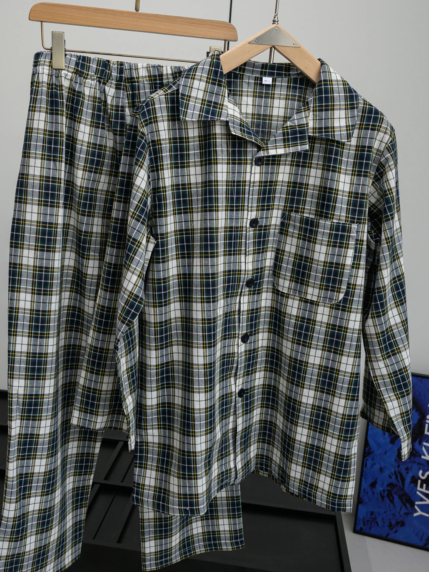 

Retro Japanese Style Men's Plaid Shirt Collar Sleepwear Set Breathable Cotton Lightweight Spring Summer Casual Home Clothes